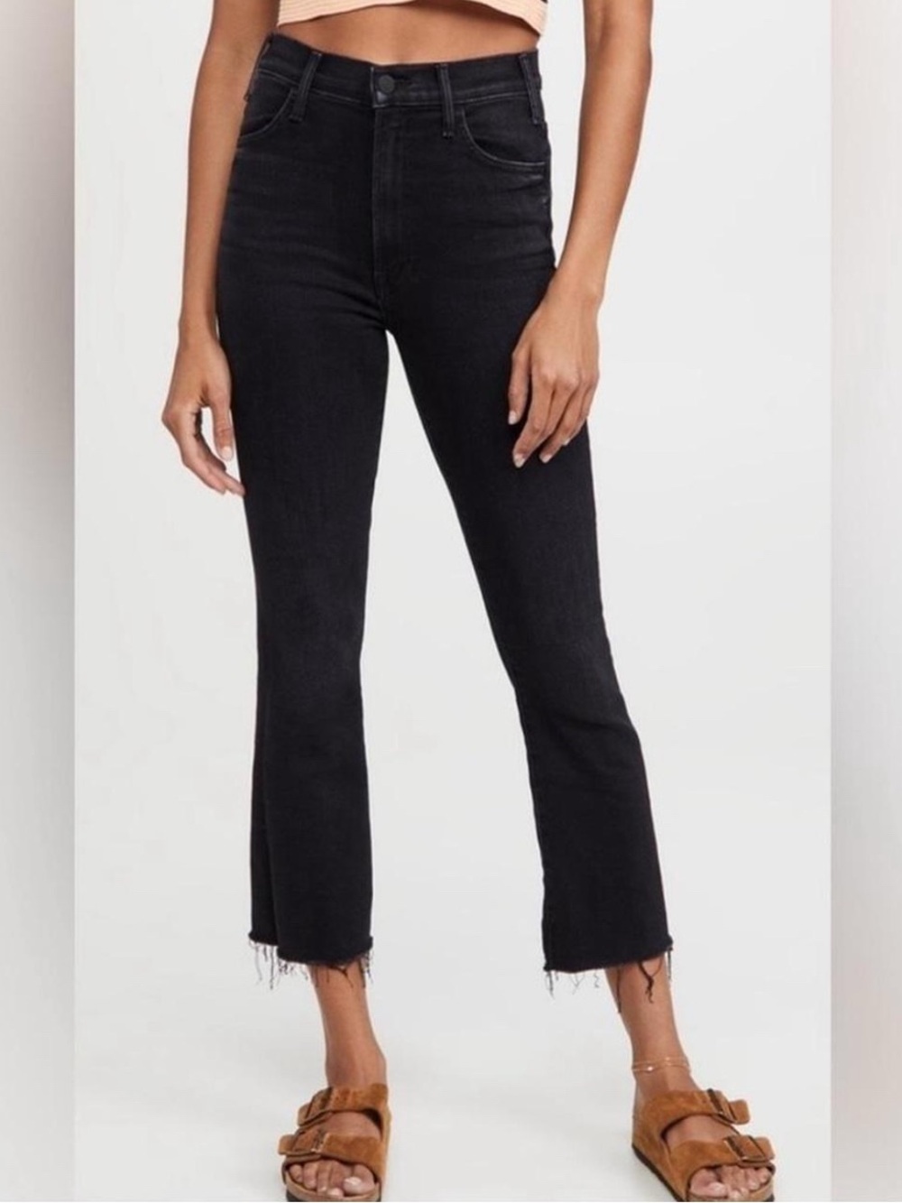 MOTHER The Hustler Ankle Fray Washed Black High Rise Cropped Skinny Jeans sz 28